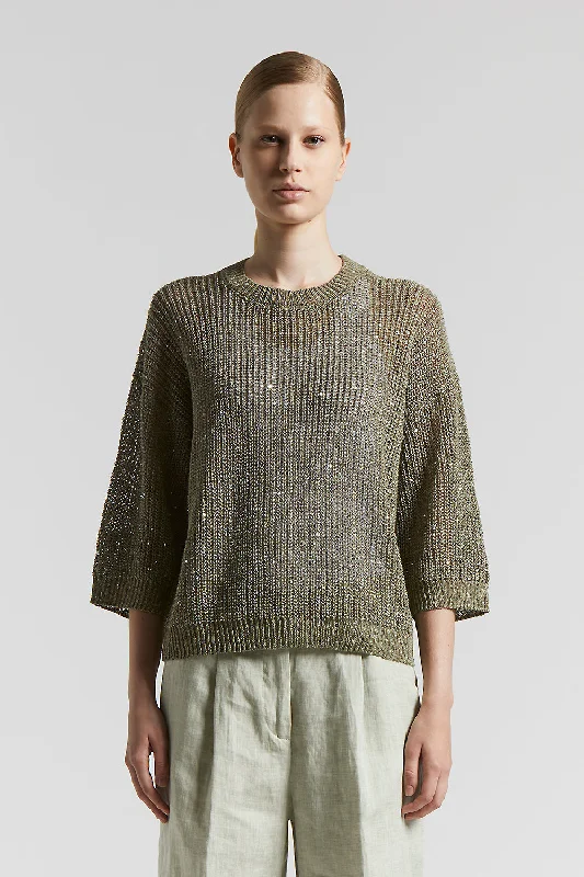 Linen tricot sweater with sequins High Neck Crew Neck V-Neck