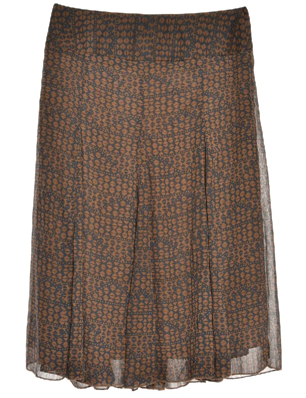 Printed Dark Brown Maxi Skirt - M silk skirt elegant